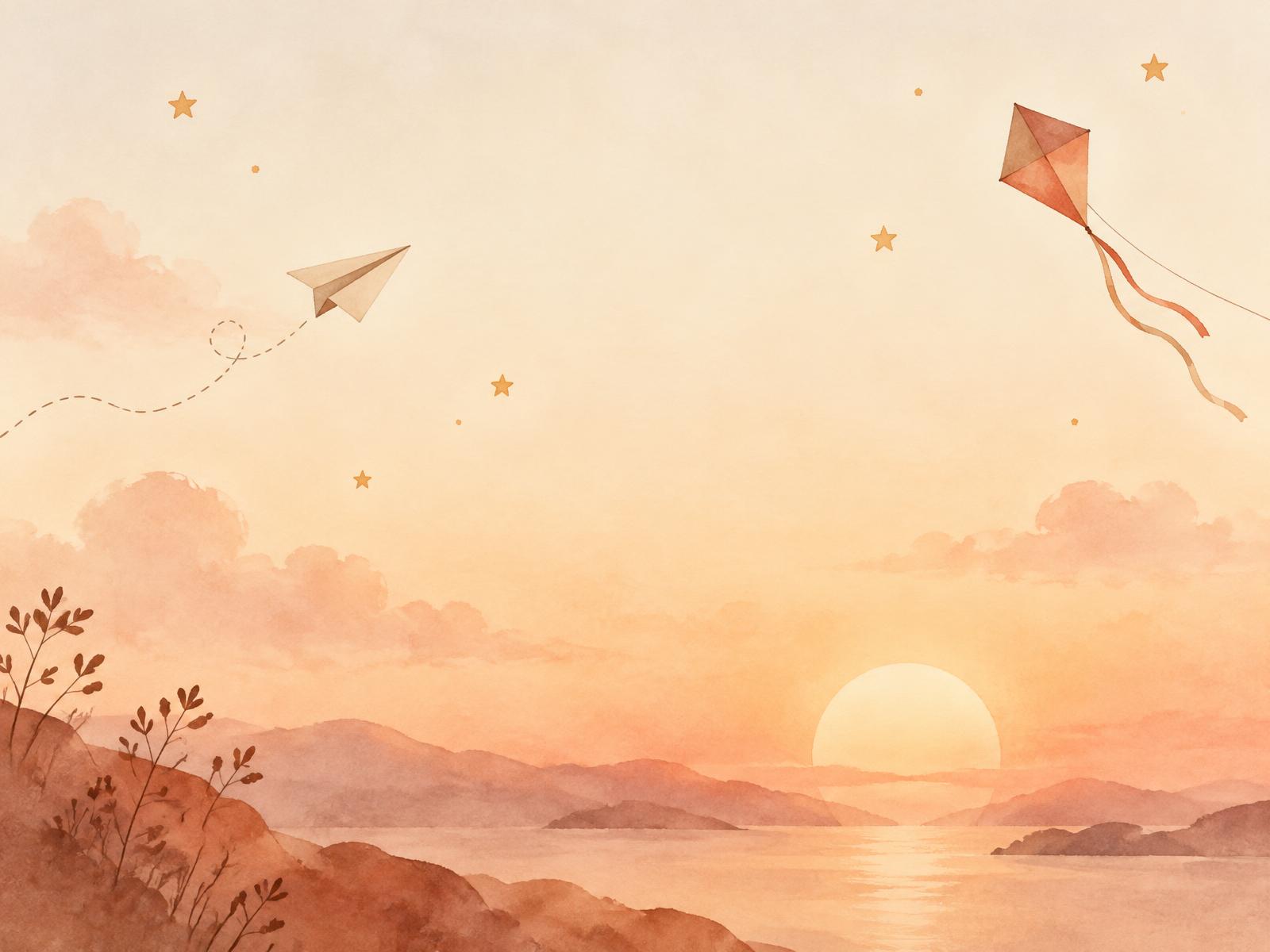 Warm illustration of a kite and paper plane drifting over a sunlit landscape